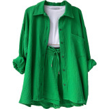 Long Sleeve Lapel Shirt Drawstring Shorts Two Piece Set GOFY-TZ2351