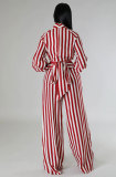Stripe Print Tie Up Long Sleeve Pants Two Piece Set XHXF-8678