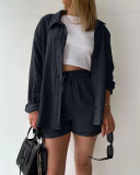 Long Sleeve Lapel Shirt Drawstring Shorts Two Piece Set GOFY-TZ2351