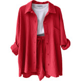 Long Sleeve Lapel Shirt Drawstring Shorts Two Piece Set GOFY-TZ2351