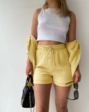 Long Sleeve Lapel Shirt Drawstring Shorts Two Piece Set GOFY-TZ2351
