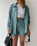 Long Sleeve Lapel Shirt Drawstring Shorts Two Piece Set GOFY-TZ2351