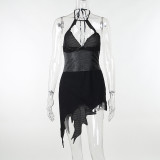 Leather Patchwork Halter Backless Dress FL-23438