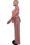 Stripe Print Tie Up Long Sleeve Pants Two Piece Set XHXF-8678