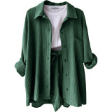 Long Sleeve Lapel Shirt Drawstring Shorts Two Piece Set GOFY-TZ2351