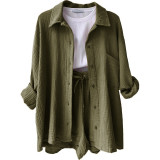 Long Sleeve Lapel Shirt Drawstring Shorts Two Piece Set GOFY-TZ2351