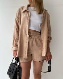 Long Sleeve Lapel Shirt Drawstring Shorts Two Piece Set GOFY-TZ2351