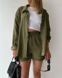 Long Sleeve Lapel Shirt Drawstring Shorts Two Piece Set GOFY-TZ2351