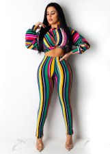 Stripe Print Crop Tops And Tight Pants Two Piece Set NK-9190