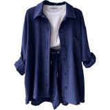 Long Sleeve Lapel Shirt Drawstring Shorts Two Piece Set GOFY-TZ2351