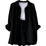 Long Sleeve Lapel Shirt Drawstring Shorts Two Piece Set GOFY-TZ2351