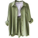 Long Sleeve Lapel Shirt Drawstring Shorts Two Piece Set GOFY-TZ2351