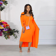Long Sleeve Jacket U Neck Halter Midi Dress Two Piece Set YF-10579