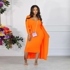 Long Sleeve Jacket U Neck Halter Midi Dress Two Piece Set YF-10579