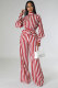 Stripe Print Tie Up Long Sleeve Pants Two Piece Set XHXF-8678