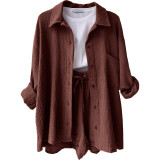 Long Sleeve Lapel Shirt Drawstring Shorts Two Piece Set GOFY-TZ2351