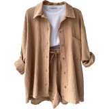 Long Sleeve Lapel Shirt Drawstring Shorts Two Piece Set GOFY-TZ2351