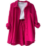 Long Sleeve Lapel Shirt Drawstring Shorts Two Piece Set GOFY-TZ2351