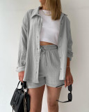 Long Sleeve Lapel Shirt Drawstring Shorts Two Piece Set GOFY-TZ2351
