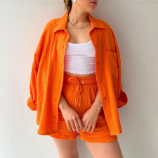 Long Sleeve Lapel Shirt Drawstring Shorts Two Piece Set GOFY-TZ2351