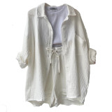 Long Sleeve Lapel Shirt Drawstring Shorts Two Piece Set GOFY-TZ2351