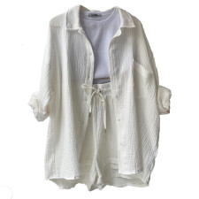 Long Sleeve Lapel Shirt Drawstring Shorts Two Piece Set GOFY-TZ2351