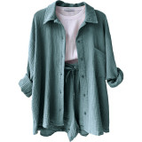 Long Sleeve Lapel Shirt Drawstring Shorts Two Piece Set GOFY-TZ2351