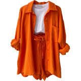 Long Sleeve Lapel Shirt Drawstring Shorts Two Piece Set GOFY-TZ2351