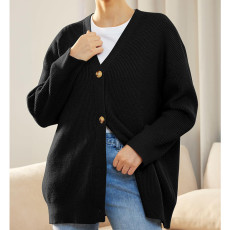 Plus Size Button V-Neck Solid Color Sweater GOFY-A23A088