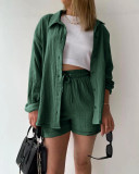Long Sleeve Lapel Shirt Drawstring Shorts Two Piece Set GOFY-TZ2351