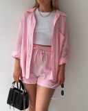 Long Sleeve Lapel Shirt Drawstring Shorts Two Piece Set GOFY-TZ2351