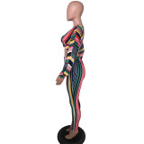Stripe Print Crop Tops And Tight Pants Two Piece Set NK-9190