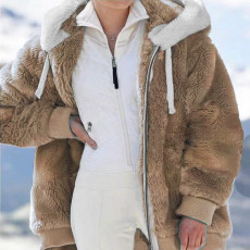 Plus Size Fashion Loose Plush Zipper Hooded Coat GOFY-9910