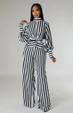 Stripe Print Tie Up Long Sleeve Pants Two Piece Set XHXF-8678