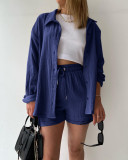 Long Sleeve Lapel Shirt Drawstring Shorts Two Piece Set GOFY-TZ2351