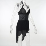 Leather Patchwork Halter Backless Dress FL-23438