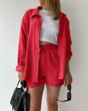 Long Sleeve Lapel Shirt Drawstring Shorts Two Piece Set GOFY-TZ2351