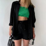 Long Sleeve Lapel Shirt Drawstring Shorts Two Piece Set GOFY-TZ2351