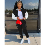 Casual Color Block Baseball Coat Two Piece Pants Set FOSF-8371