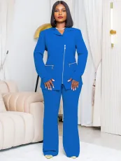 Plus Size Solid Color Blazer Neck Zipper Two Piece Pants Set BGN-314