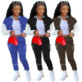Casual Color Block Baseball Coat Two Piece Pants Set FOSF-8371