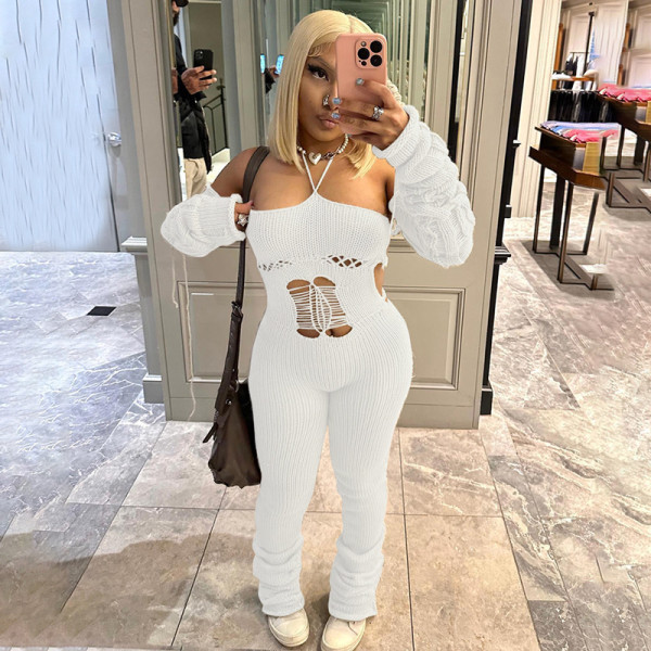 Sexy Backless Strappy Knit Long Sleeve Slim Jumpsuits XEF-33745