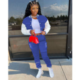Casual Color Block Baseball Coat Two Piece Pants Set FOSF-8371