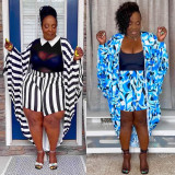Plus Size Print Cocoon Shape Loose Tops Two Piece Shorts Set NY-10600