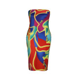 Plus Size Solid Long Coat And Print Tube Tops Dress Two Piece Set XHSY-19838