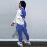 Casual Color Block Baseball Coat Two Piece Pants Set FOSF-8371