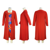 Plus Size Solid Long Coat And Print Tube Tops Dress Two Piece Set XHSY-19838