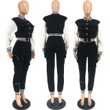 Casual Color Block Baseball Coat Two Piece Pants Set FOSF-8371