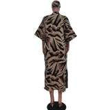 Casual Leopard Print Knits Short Sleeve Long Coat(With Headscarf) TR-1278