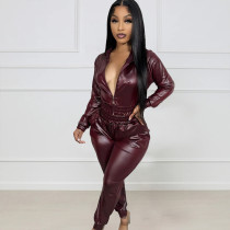 Sexy PU Leather Long Sleeve Casual Two Piece Pants Set NYF-8149